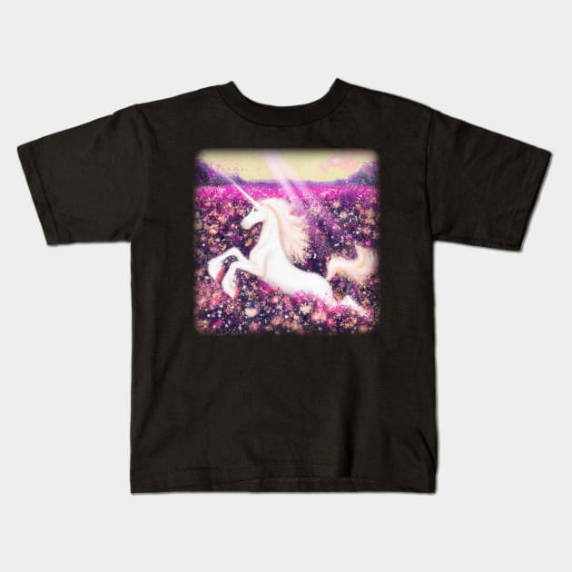 White unicorn in golden sky iwth pink and gold flowers Kids T-Shirt by DesignIndex